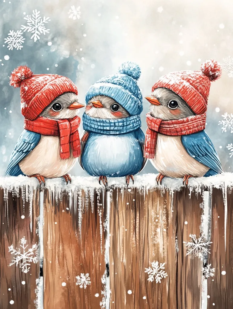 Three cute birds, wearing red and blue winter hats and scarves, are perched on a wooden fence. The fence is covered in snow and icicles, and snowflakes are falling around the birds.  The scene is painted in a whimsical style and evokes a sense of warmth and coziness.