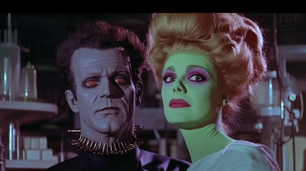 The image shows a man and a woman standing next to each other. The man is wearing a black shirt with a spiked collar and has red eyes. The woman has green skin and blonde hair styled in a large, bouffant updo. They both have an expressionless, eerie look on their faces, suggesting they are characters from a horror film.  The backdrop is a dimly lit laboratory setting, adding to the eerie atmosphere.