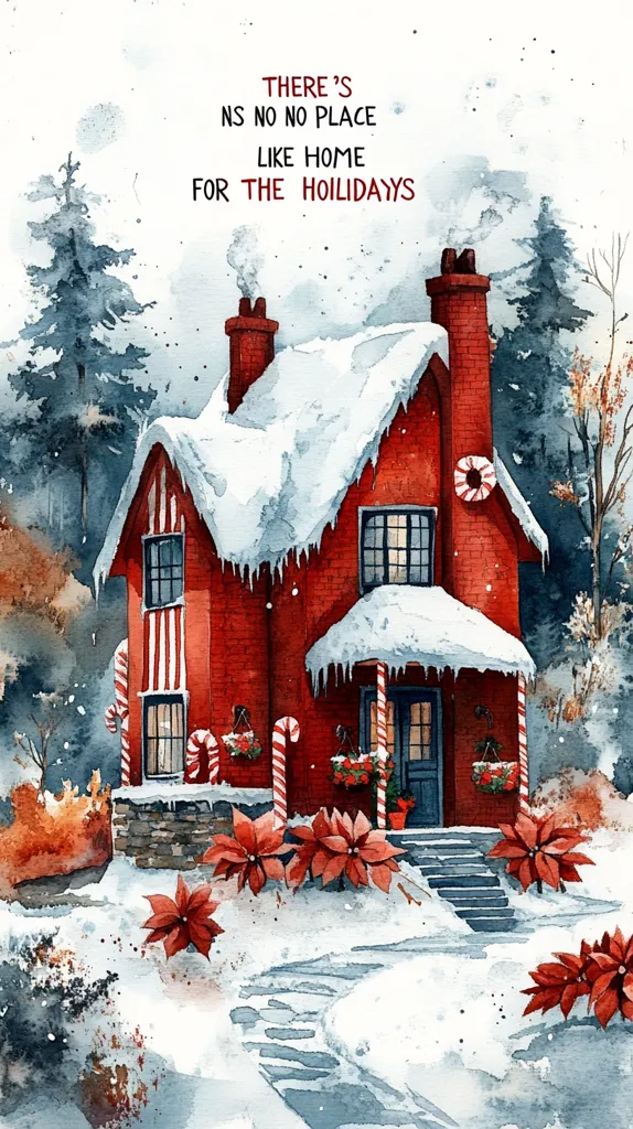 A charming red brick cottage, adorned with candy cane decorations, stands amidst a snowy landscape. Snow-covered trees and vibrant poinsettia flowers add to the festive winter scene. The text above reads, \