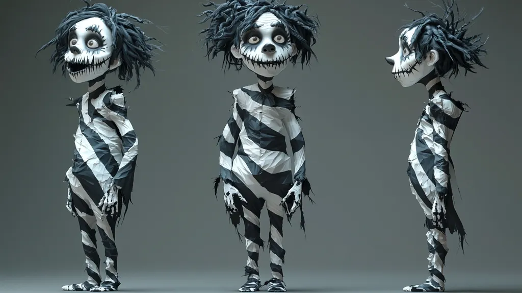 The image shows a 3D model of a character in three different views. The character is humanoid in shape, with black and white stripes covering its body, resembling a skeleton or a mummy. It has a large head with a wide grin, and its eyes are black with white pupils. The character looks playful and somewhat creepy. The model's appearance suggests it was designed for Halloween or a spooky setting.