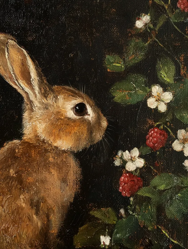 The painting features a close-up of a brown rabbit with large ears. It is looking off to the right, and its fur appears soft and fluffy. The rabbit is positioned in front of a dark background, where a vibrant green bush with white flowers and red berries grows. The painting captures the beauty of nature and the innocence of the rabbit.