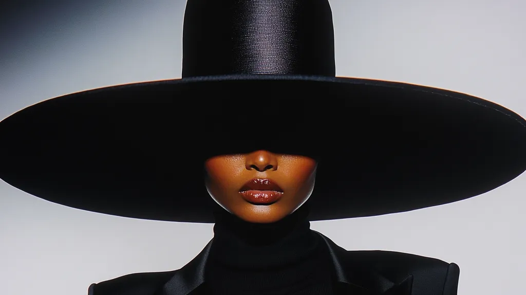 A woman with dark skin wears a large black hat that casts a shadow over her eyes.  The hat has a wide brim and a tall, pointed crown.  The woman is wearing a black turtleneck and a black jacket. The background is a simple white, with a faint gray gradient.  The image has a  dramatic and mysterious feel.