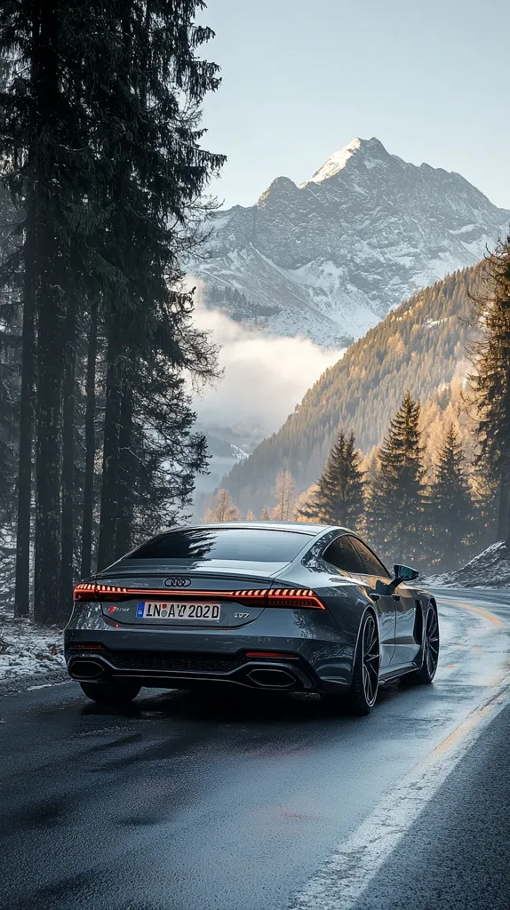 A sleek, dark grey Audi A7 drives along a winding mountain road. The car's taillights glow brightly, highlighting its sporty design. The road is wet and reflects the surrounding landscape, which includes towering snow-capped mountains and a dense forest. The image evokes a sense of adventure and the freedom of the open road.