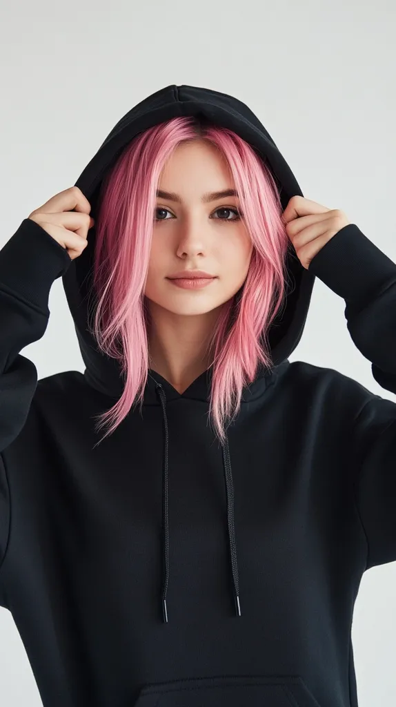 A young woman with bright pink hair is wearing a black hoodie. She is looking at the camera with a slightly serious expression. The hood is pulled up over her head, and she is holding the strings in her hands. She is wearing a black hoodie with a large pocket on the front. The background is a simple white wall. The lighting is soft and natural.