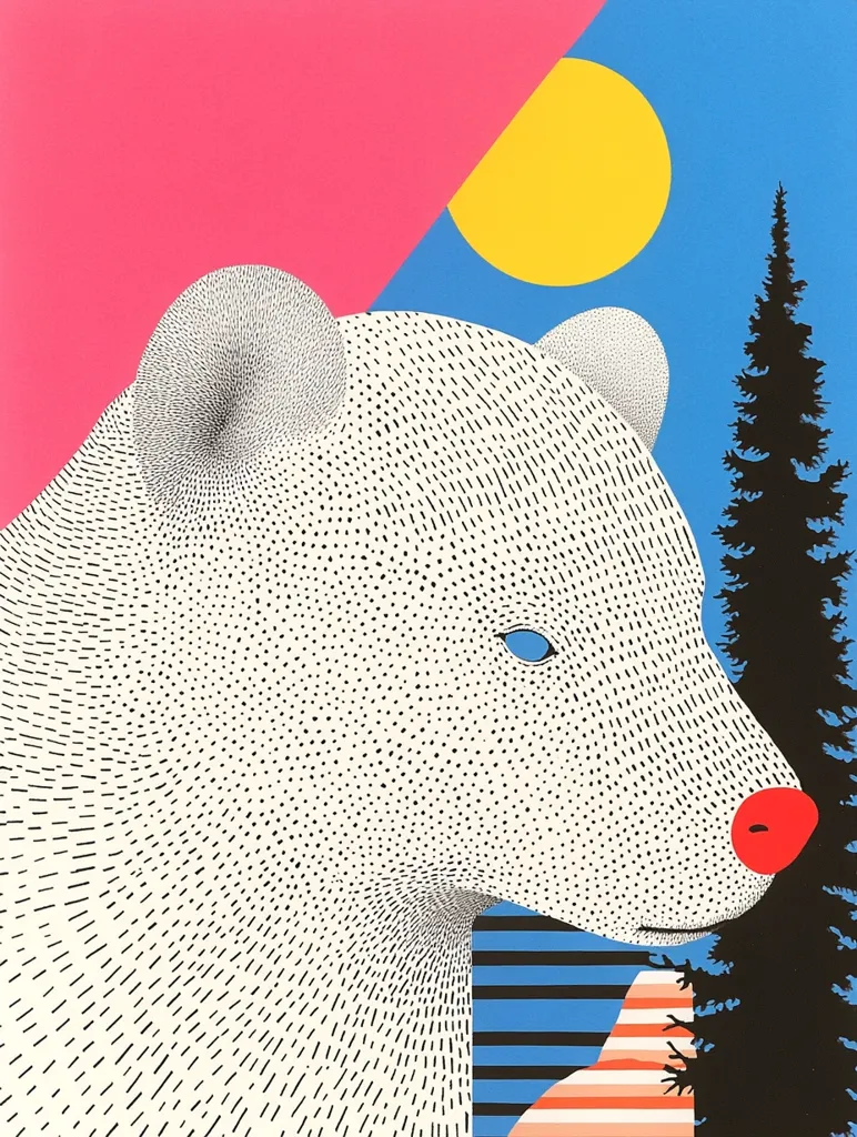 The image is a stylized illustration of a polar bear. The bear's fur is depicted using small black dots and lines, and its face is partially obscured by a large, yellow sun. The background features a blue sky, a pink cloud, and a dark green pine tree. The image uses bold, contrasting colors and a geometric style.