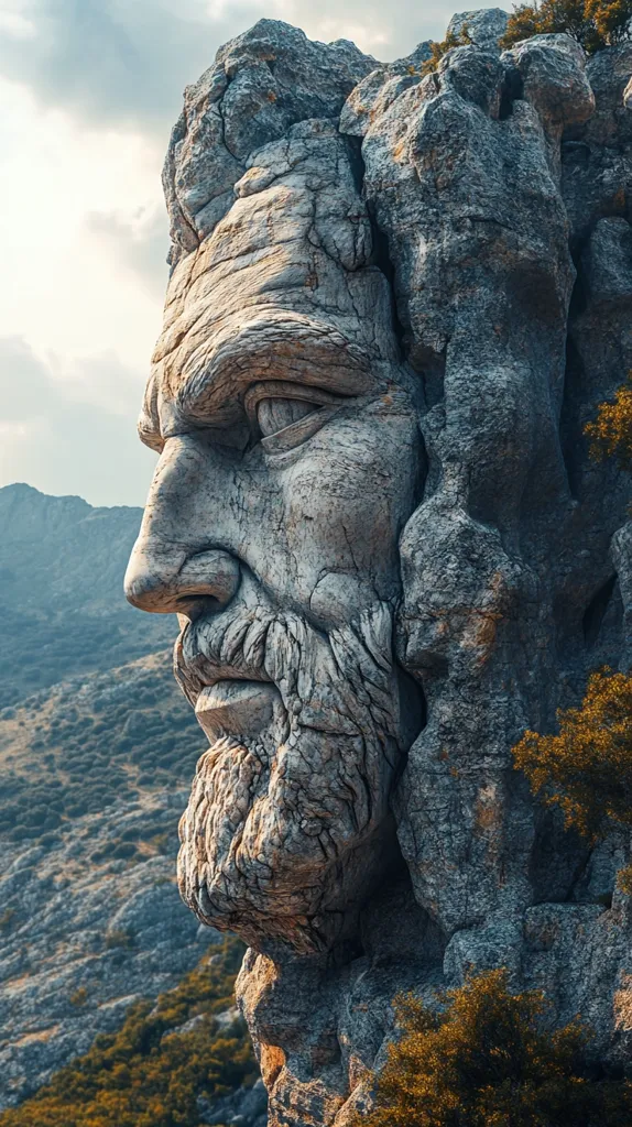 The image shows a weathered, rocky cliff face that resembles a human face. The rock formation has deep crevices and a prominent nose, with a beard of rough, textured stone. The background features a distant mountain range and a lush, green forest. The overall tone of the image is dramatic and awe-inspiring, suggesting the power of nature and the beauty of natural formations.