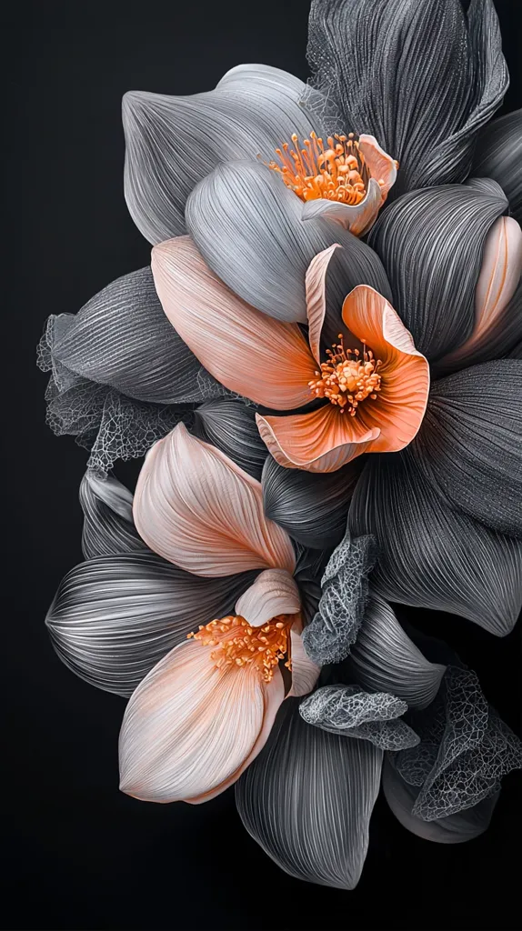 The image shows a cluster of delicate flowers with intricate, layered petals. The petals are a soft grey and peach, creating a striking contrast against the dark background. The flowers have a delicate, almost translucent quality, and their centers are a vibrant orange. The image evokes a sense of beauty and fragility.