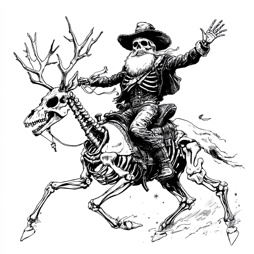A skeletal cowboy with a long beard and a wide-brimmed hat rides a skeletal deer. The deer has large antlers and is running at full speed. The cowboy is waving his right arm and his left hand holds the reins. The drawing is in black and white and is stylized. The scene is full of energy and movement. The cowboy is depicted with a confident and reckless expression, as if he were riding into the sunset.