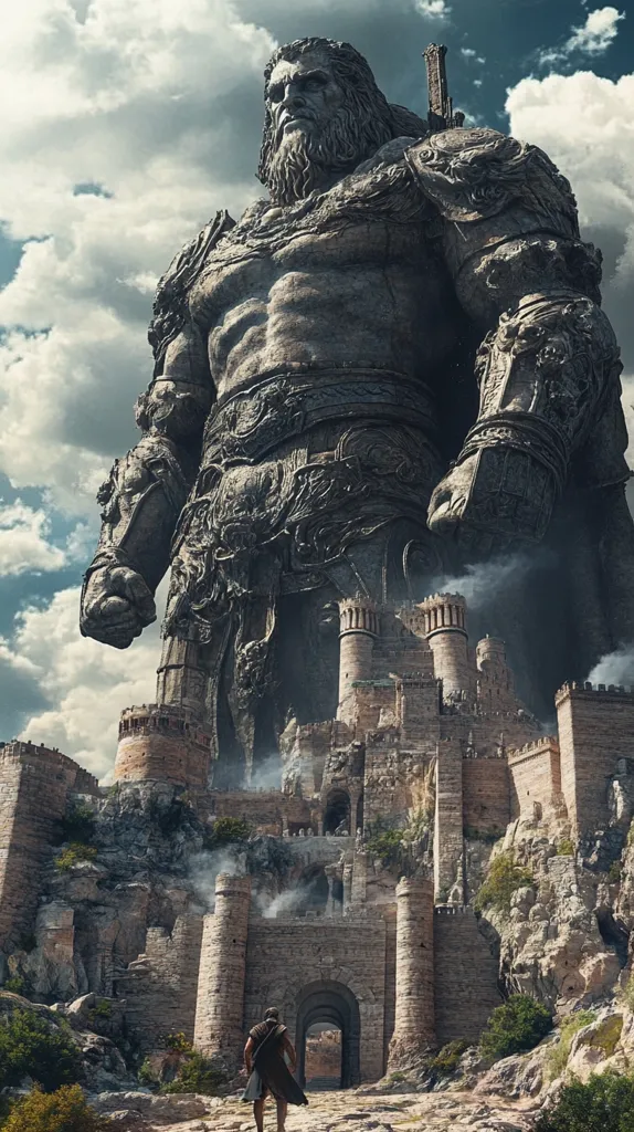 A colossal, stone-carved warrior stands over a medieval castle, his imposing figure dwarfing the stone structures below. He wears ornate armor and a thick beard, his gaze fixed forward. The castle, built into the side of a rocky mountain, appears small and insignificant compared to the giant. A solitary figure walks towards the castle gates, their size making the immense scale of the warrior even more apparent. The scene is one of awe and wonder, showcasing the might of the giant and the fragility of human civilization in its presence.