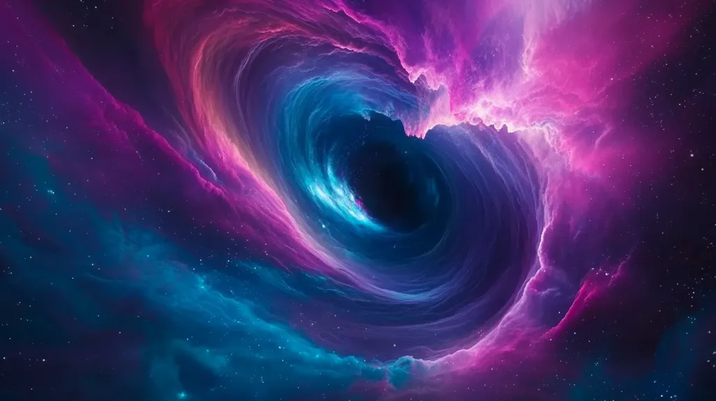 The image depicts a swirling nebula with vibrant hues of pink and blue. It appears as if a massive black hole is at the center, drawing in the surrounding gas and dust. The scene is mesmerizing with countless stars scattered throughout the canvas. The swirling nebula creates a sense of movement and power, evoking a sense of wonder and the vastness of space.