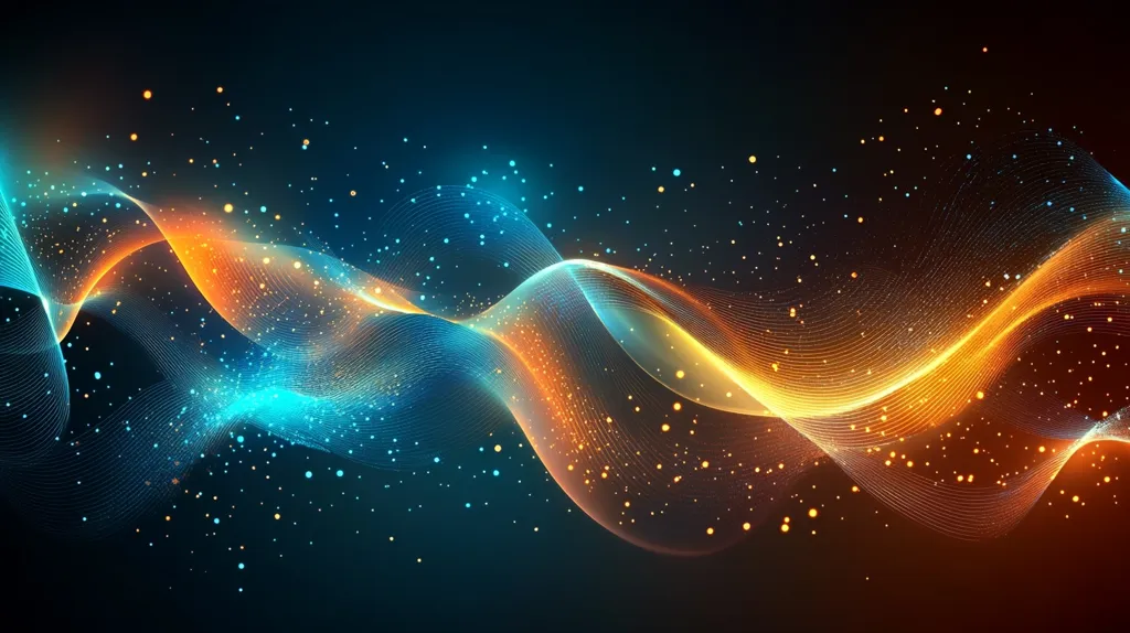 A vibrant abstract background with swirling blue and orange waves against a dark backdrop. The waves are made up of shimmering particles, creating a sense of movement and energy. The background is filled with scattered golden dots, adding to the overall sense of sparkle and magic. The image conveys a feeling of dynamism and the beauty of abstract patterns.