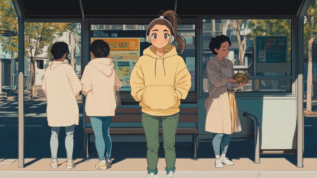 A group of four anime-style girls are waiting at a bus stop. The girl in the center is wearing a yellow hoodie and headphones, and she has a cheerful expression. The two girls on the left are wearing similar clothes, and the girl on the right is holding a package wrapped in brown paper. They are all waiting patiently for the bus to arrive. The setting is a sunny, urban street.  The bus stop is under a covered awning, and there is a bench and some signs.