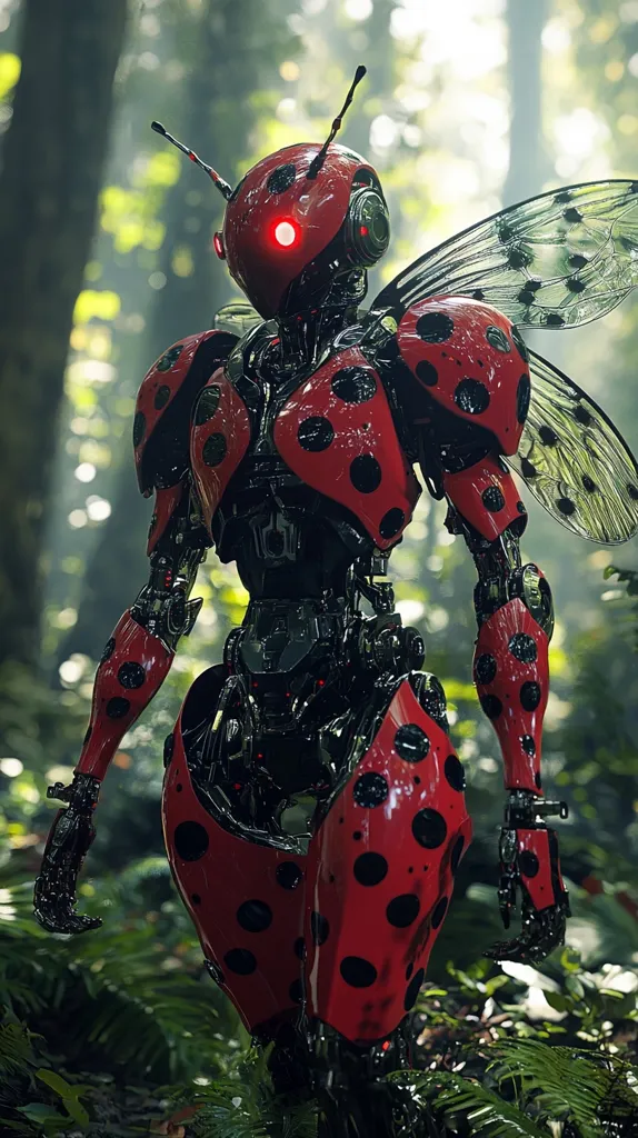 A robotic ladybug stands in a lush forest, its metallic body adorned with red and black spots. Its wings are translucent and detailed, with intricate veins visible. The ladybug robot appears to be surveying its surroundings, its red eye glowing ominously. The image blends the natural and the technological, creating a surreal and captivating scene.