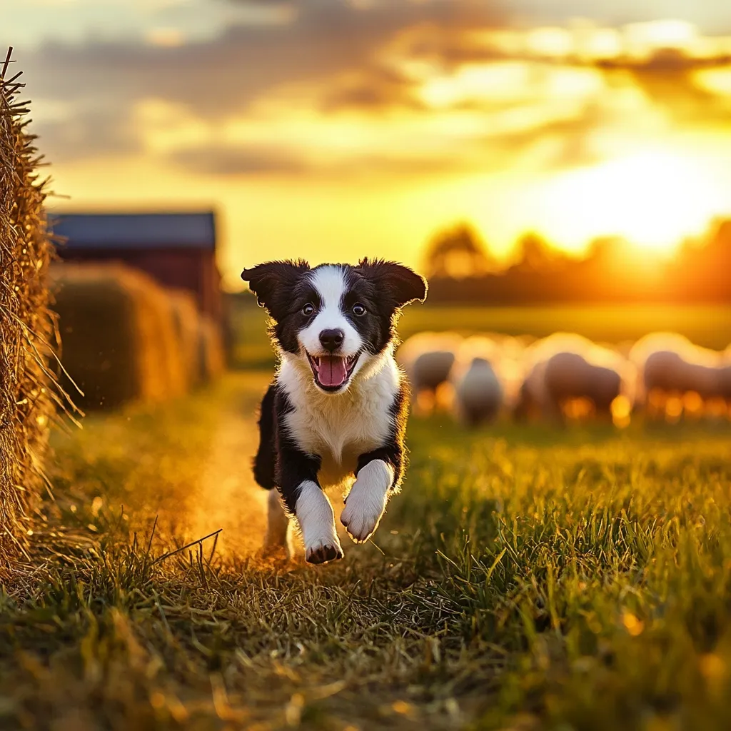 A black and white Border Collie puppy runs towards the camera with a joyful expression, its tongue lolling out. The background is a grassy field bathed in the warm glow of sunset. A flock of sheep can be seen in the distance, suggesting a playful chase or a moment of pastoral tranquility.  The image captures the dog's exuberance and the serenity of the rural setting.