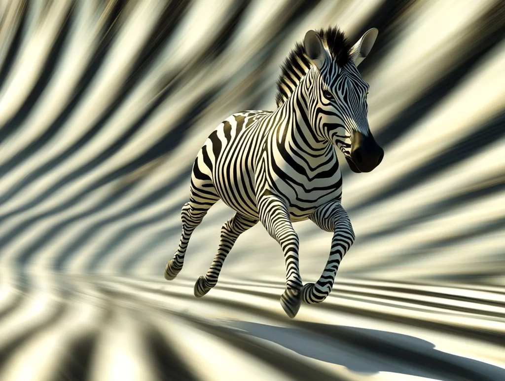 A zebra with black and white stripes gallops across a blurred background of swirling, black and white stripes. The zebra’s head is turned towards the left of the frame, as its body stretches forward in full stride. The background is out of focus, emphasizing the zebra’s movement.  The image gives a sense of speed and energy.