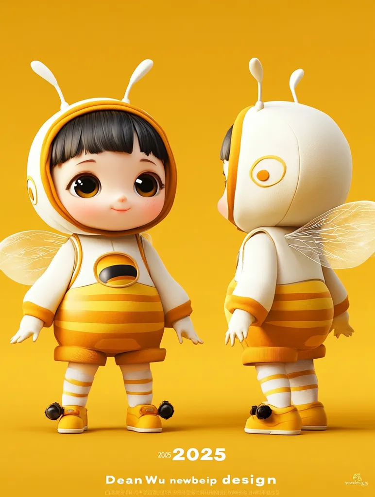 The image features a 3D cartoon illustration of a cute, chubby baby dressed in a yellow and white bee costume with large eyes, a bright smile, and adorable wings. The background is a solid yellow color, creating a simple and playful atmosphere. The baby's costume is detailed with stripes and a black dot on the back, and they are wearing yellow shoes with black accents. The illustration includes the text "2025 Dean Wu newbeip design," suggesting it is a character design for a new project.