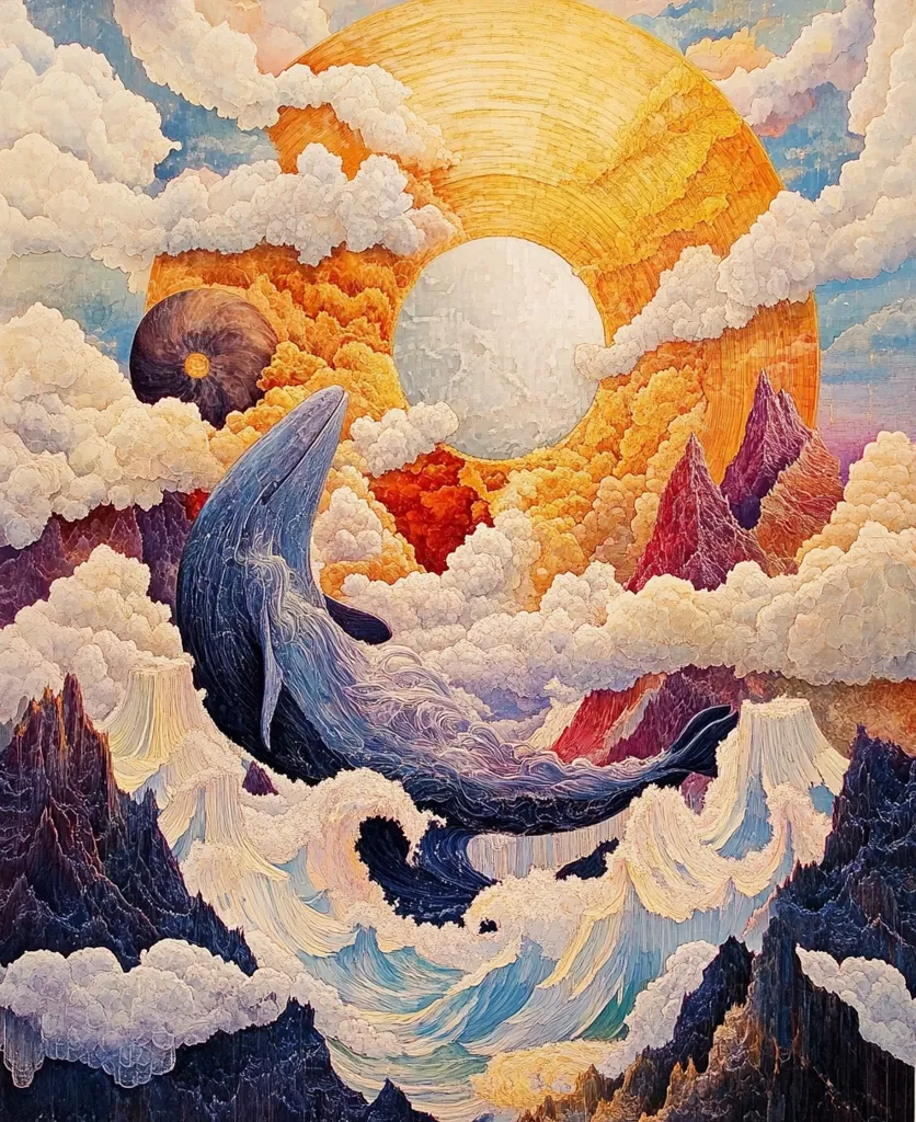 A large, blue whale swims through a swirling sea of clouds. Above, a golden sun, encircled by a halo of white clouds, shines down on a mountainous landscape. The scene is a whimsical blend of the natural world and the celestial, with a sense of wonder and awe. The colors are vibrant and saturated, adding to the overall sense of magic.