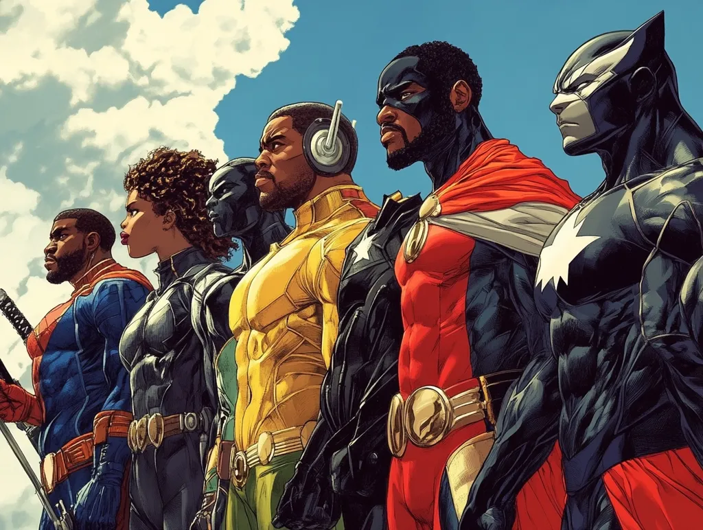 Five superheroes stand in a row, their faces stern and determined. They are all wearing colorful costumes and have a variety of powers. The background features a cloudy sky. The image evokes a sense of strength, unity, and readiness to face any challenge.  The overall composition suggests teamwork and a shared mission.