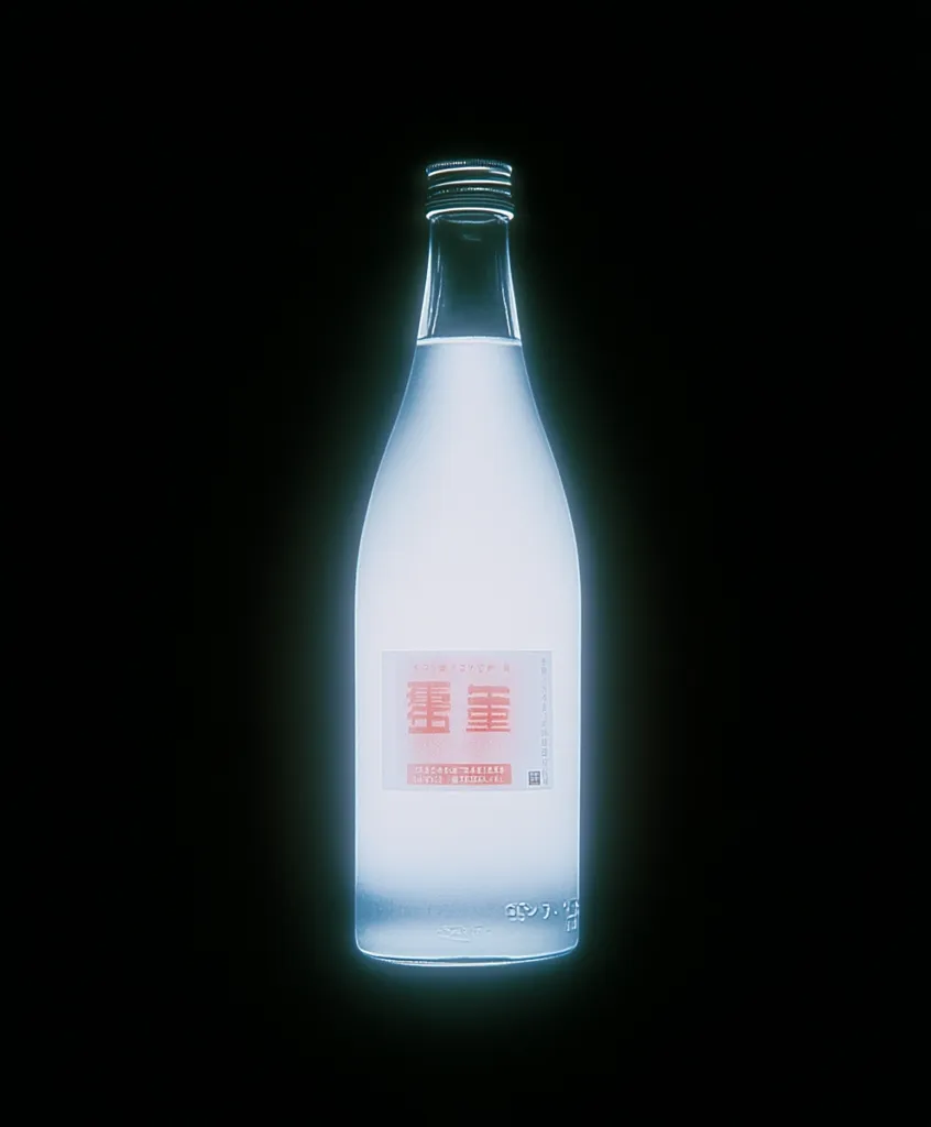 A glass bottle of sake sits on a black background, illuminated by an ethereal blue light. The bottle is frosted, giving it a slightly opaque appearance. The label is a simple design with a single red kanji character in the center, "黒" (kuro), meaning black.  A small amount of liquid is visible inside the bottle, giving it a hazy appearance. The bottle is in focus, while the background is blurred, creating a sense of depth.  The overall image has a minimalist aesthetic, with the bottle as the central focus.