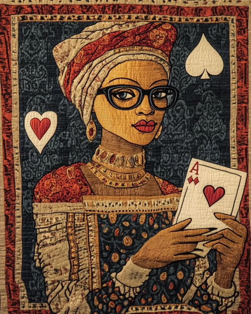 The image depicts a woman in a richly embroidered, Renaissance-style gown, holding an ace of diamonds playing card. She wears a red and gold turban, ornate jewelry, and glasses. The background is a dark blue tapestry with floral patterns, accented by a black spade card. The overall impression is one of regal elegance and intricate craftsmanship.  The artwork is likely a tapestry or a piece of textile art.