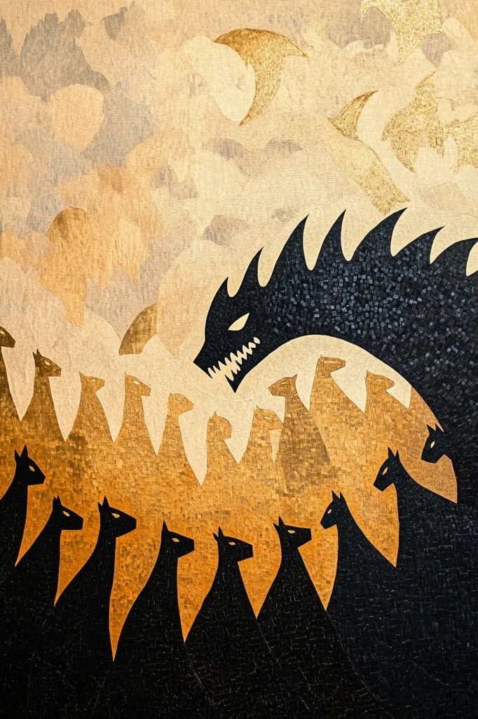 A black, spiky dragon-like creature looms over a group of black, animal figures with long necks. The background is a mosaic of swirling, golden shapes. The image evokes a sense of mystery and a struggle against an ominous force. The mosaic technique adds texture and depth to the composition.