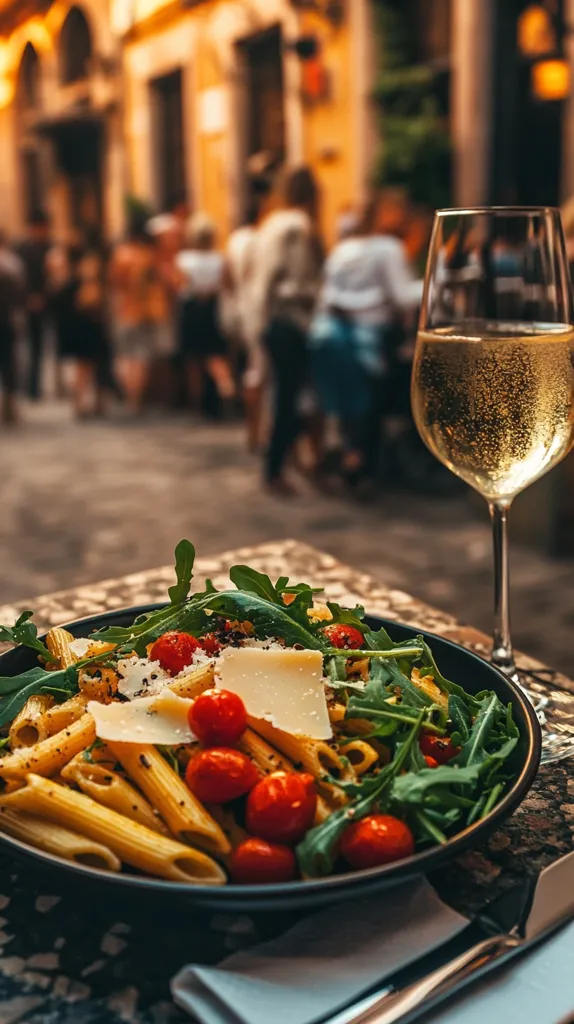 A plate of pasta salad with tomatoes, parmesan cheese, and arugula sits on a table. A glass of white wine sits next to it. The background is a blurred shot of people walking down a city street. The photo captures the ambiance of an outdoor dining experience.