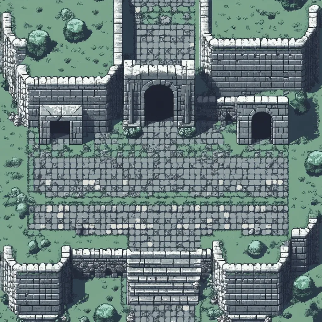 The image is a pixelated depiction of a stone gatehouse with a large arched entrance and two smaller entrances on either side. The gatehouse is surrounded by a stone wall and grassy areas. The ground is a cobblestone path. The scene is viewed from above, and the pixelated style gives it a retro video game aesthetic.  The gatehouse looks like it might be the entrance to a castle or a fortress.
