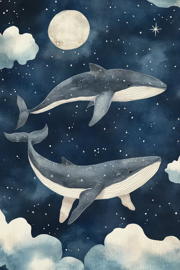 Two whales swim through a night sky filled with stars and a large moon. The whales are painted in a watercolor style with subtle detail. The background is a dark blue, with clouds and a single star.  The image creates a magical and dreamlike atmosphere.