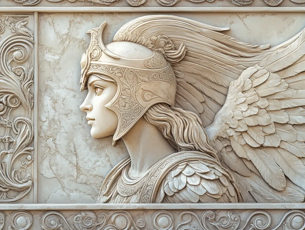 A detailed bas-relief sculpture of a female figure with flowing hair, a helmet, and large feathered wings. The sculpture is carved into a light-colored stone and set against a background of ornate floral designs. The woman’s gaze is directed to the left, with a sense of strength and determination in her expression.  The sculpture has a  realistic and expressive style, emphasizing the details of the figure’s features and the delicate textures of her wings.