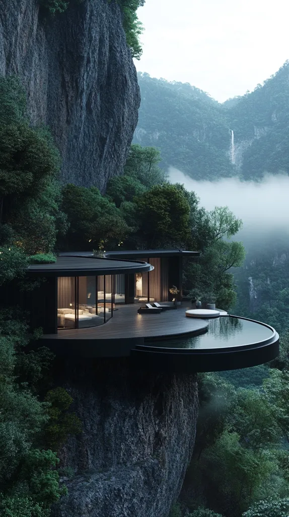A modern, circular house with large windows sits perched precariously on a sheer cliff face. It has a small infinity pool overlooking a misty valley and a waterfall. Lush greenery surrounds the house and the cliff, creating a serene and secluded atmosphere.  The house's design blends seamlessly with the natural surroundings.