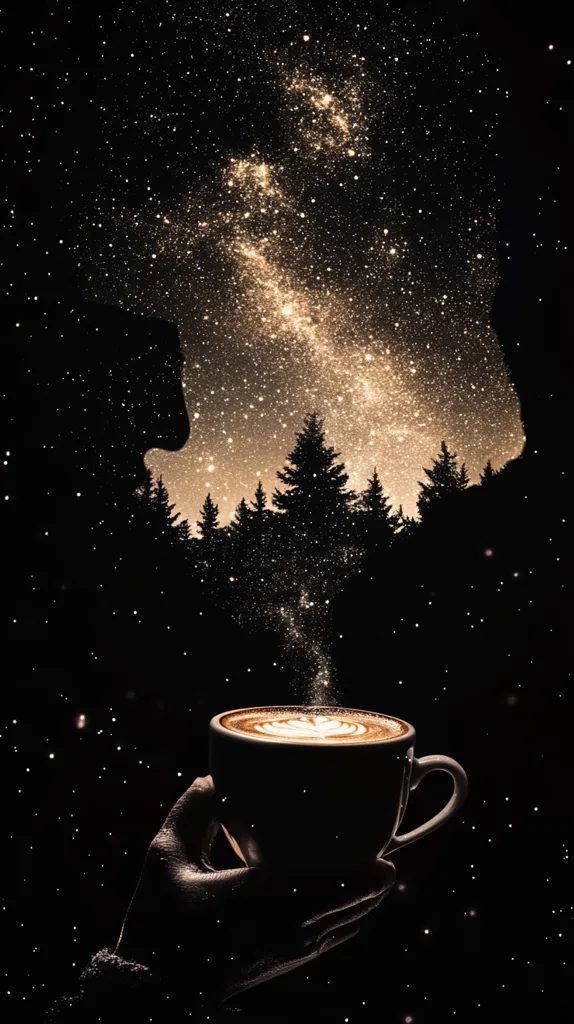 The image depicts a cup of coffee held in a dark hand against a backdrop of a starry night sky. The Milky Way galaxy is visible in the background, with a silhouette of trees in front of it. The image has a surreal quality and a sense of calmness. The cup of coffee is steaming, suggesting warmth and comfort, while the stars represent a sense of vastness and wonder. The image creates a beautiful juxtaposition of the mundane and the cosmic.