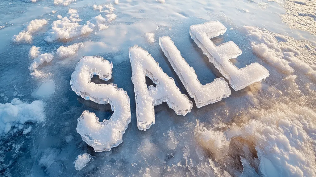 The word "SALE" is spelled out in large letters made of ice on a frozen lake. The ice is white and the lake is a light blue. The letters are slightly uneven, as if they were formed naturally.  The background is covered in snow and ice.