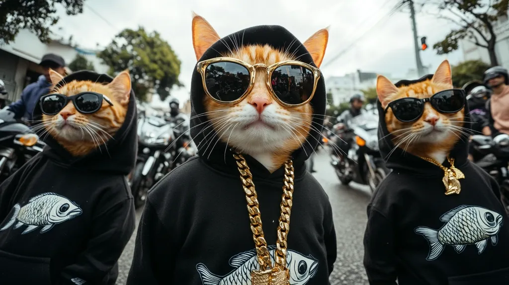 Three cats are dressed in black hoodies, sunglasses, and gold chains. They are standing in a row, with a blurry background of motorcycles and people. They look serious and cool. They are all wearing hoodies with a fish design on the front. The middle cat is the focal point, with the others slightly out of focus.  The image is humorous and playful, and captures the cats' swagger.