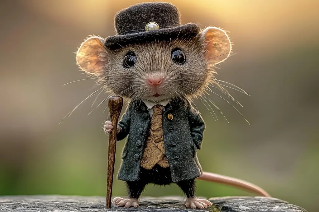 A small mouse is dressed in a miniature suit with a top hat and holding a walking stick. Its big eyes are looking at the camera, and it has a very serious expression. The mouse is standing on a wooden surface, with blurry green foliage in the background.