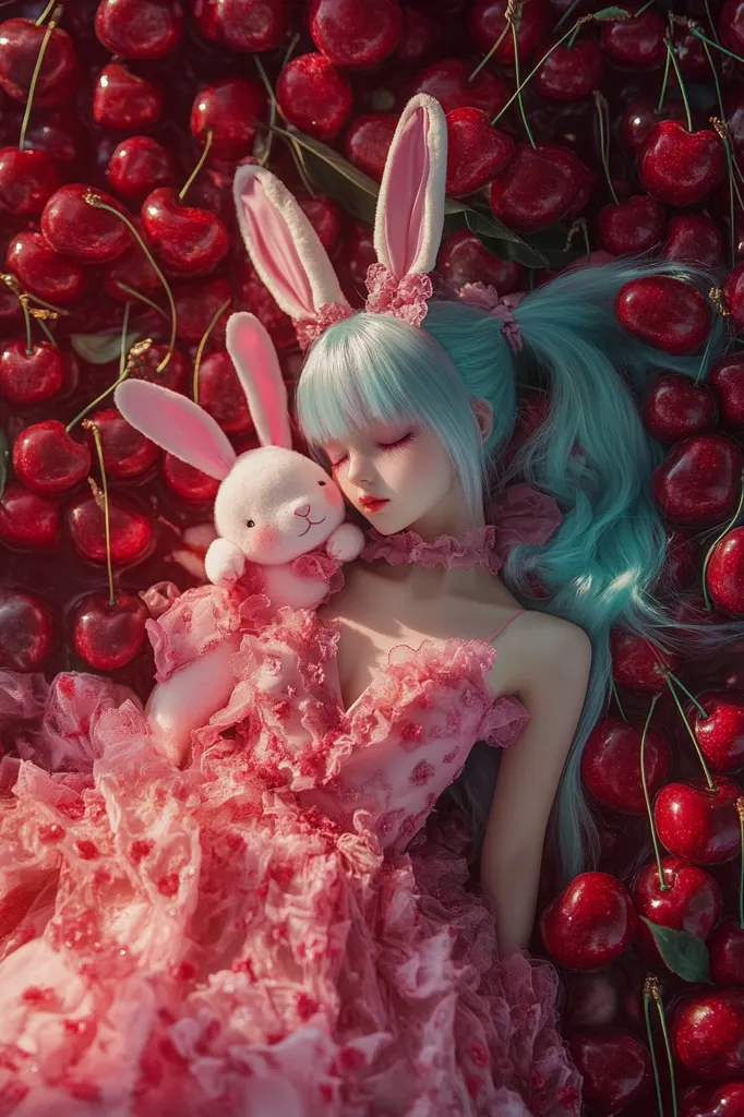 A doll with long aqua hair, wearing a pink bunny headband and a pink dress with ruffles, lies among a bed of red cherries. She has a pink plush rabbit in her arms and her eyes are closed. The image is soft and whimsical, creating a dreamy atmosphere.