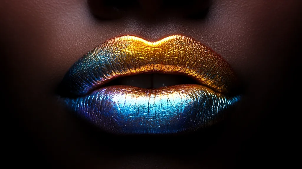 A close-up shot of a person's lips. The lips are painted with a metallic gold and blue, creating a bold and striking look. The lighting casts a dramatic shadow on the lips, emphasizing their shape and texture. The image is close-cropped, focusing on the lips, suggesting a focus on beauty and artistry.