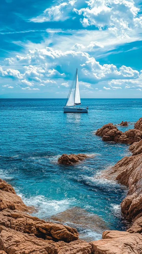 A sailboat with white sails glides across a vast expanse of azure water, its white hull reflecting the sunlight. The sky above is a canvas of brilliant blue dotted with fluffy white clouds. In the foreground, rugged brown rocks jut out from the water, creating a dramatic contrast against the turquoise sea. The image evokes a sense of tranquility and adventure, a perfect escape to a serene coastal paradise.
