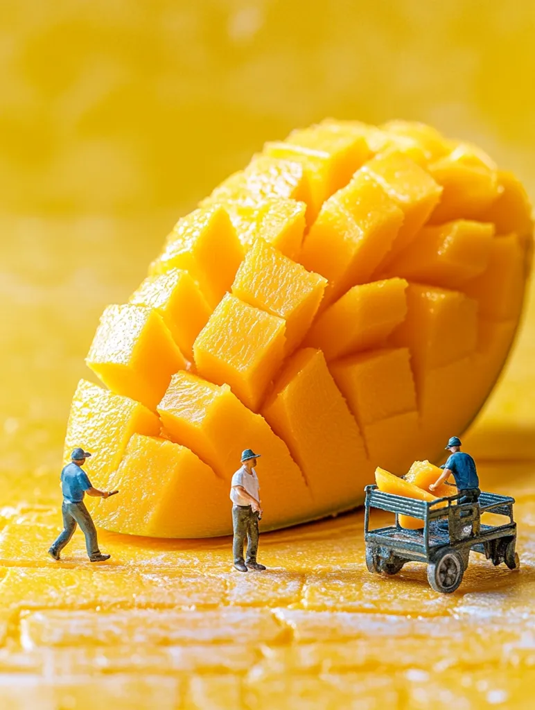 Three tiny toy figures stand next to a large, yellow mango. The mango is cut into cubes, and one of the figures is loading the cubes into a miniature wagon. The figures and the mango are set against a yellow background, creating a playful, miniature scene.
