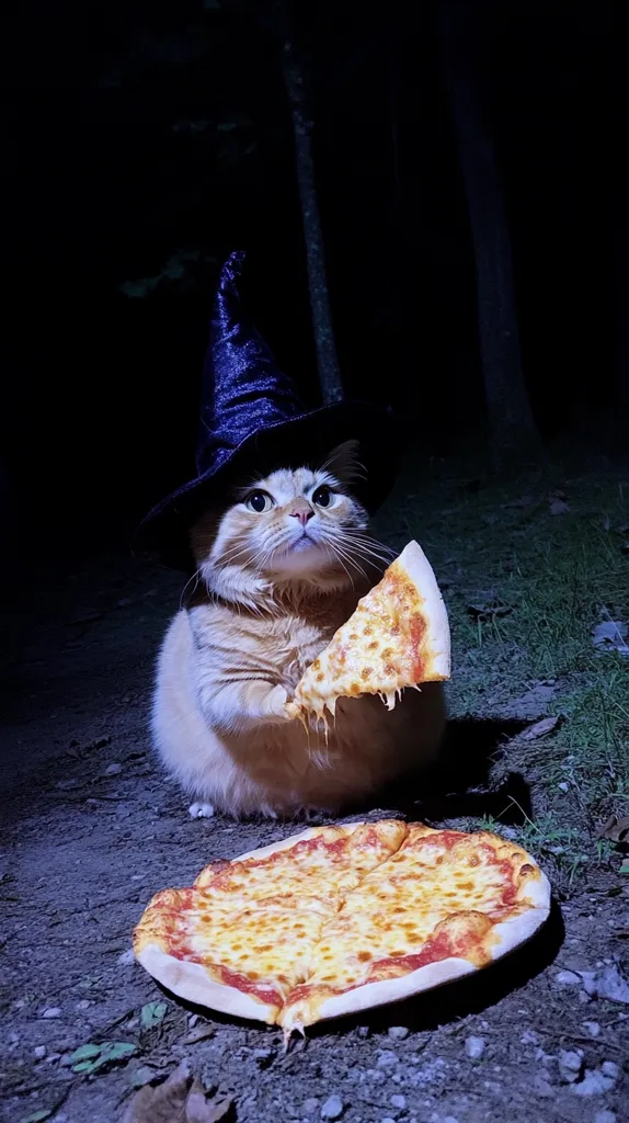 A cat wearing a black witch's hat sits in a dark, outdoor setting.  It holds a slice of pizza in its paws and stares intently at the camera. A whole pizza sits on the ground in front of the cat. The scene is lit by a faint, mysterious light.  The image is both playful and whimsical.