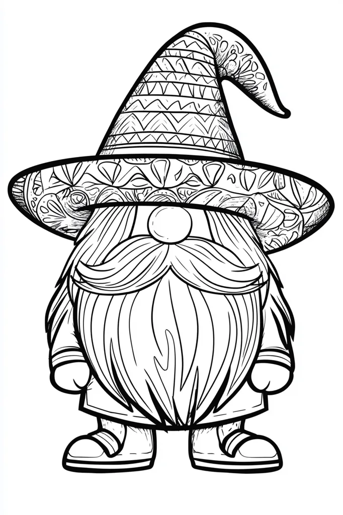 The image is a line drawing of a gnome wearing a pointed hat with intricate designs. His hat is large and wide, with a brim that extends beyond his shoulders. His beard is long and flowing, and his face is round and jolly. He is standing with his feet slightly apart, and his hands are at his sides. The drawing is simple but detailed, and it would be suitable for coloring.