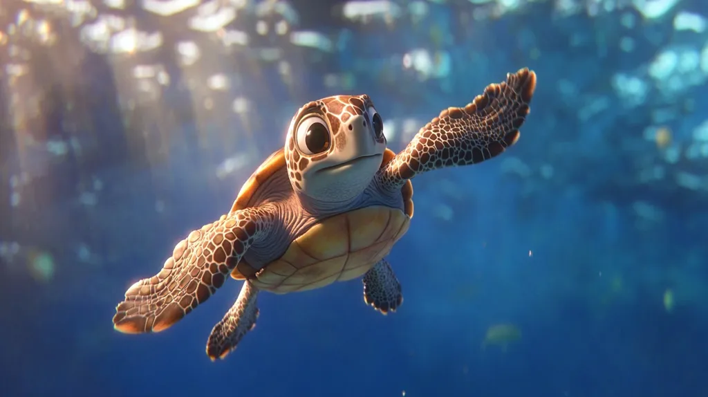 A cartoon sea turtle swims through the ocean, its flippers extended out in front of it. The turtle's shell is brown and black, with a pattern of small squares. The turtle's eyes are big and round, and it has a small, upturned mouth. The background of the image is a blurry blue, suggesting the water.