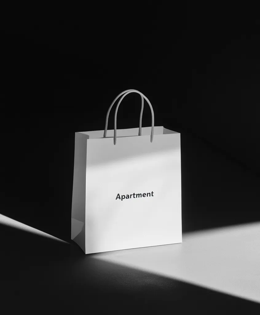 A white paper shopping bag with black handles sits on a black surface.  The bag is illuminated by a single, diagonal beam of light casting a shadow.  The bag has the word "Apartment" printed on the front in black lettering.  The minimalist design creates a sense of sophistication and simplicity.
