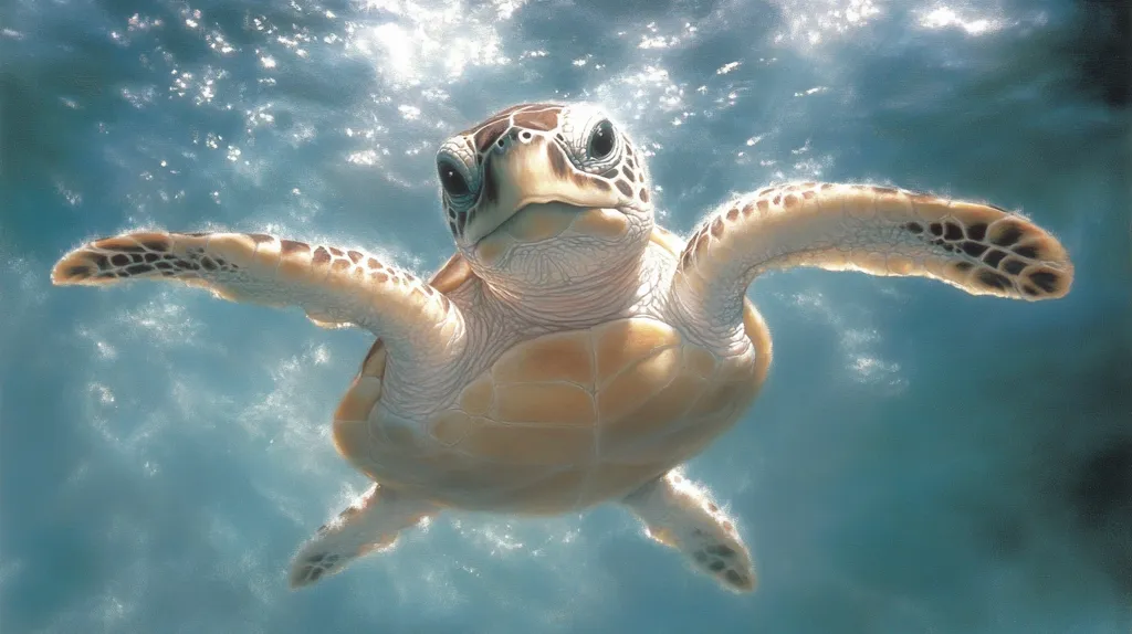 A sea turtle with a brown and cream shell is swimming upside down in the ocean. Its head is tilted up towards the camera, and its eyes are visible. The water is blue and clear, with sunlight filtering through it.