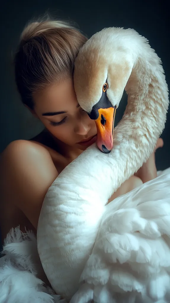 A young woman with long blonde hair is embracing a white swan, its neck curled around her. The woman's eyes are closed and her face is turned towards the swan's beak, which is gently resting against her cheek. The swan's soft, white feathers contrast beautifully with the woman's skin, creating a serene and intimate image. The background is dark and blurred, focusing attention on the woman and swan.  The scene evokes a sense of peace and tranquility, emphasizing the bond between human and animal.