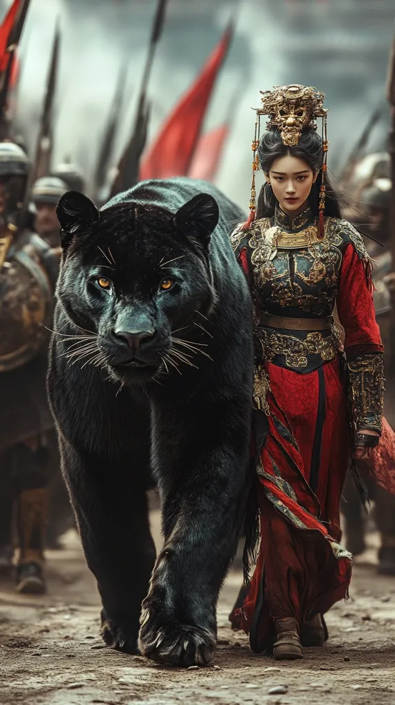 A woman in traditional Chinese attire, adorned with intricate gold jewelry, walks with a majestic black panther. She wears a vibrant red dress with gold accents, a golden crown, and her long dark hair flows behind her. The panther strides confidently beside her, its piercing yellow eyes fixed on the path ahead. The scene is set in a bustling outdoor market, with various figures in the background. The image evokes a sense of power and mystery, as the woman and her panther companion command attention.