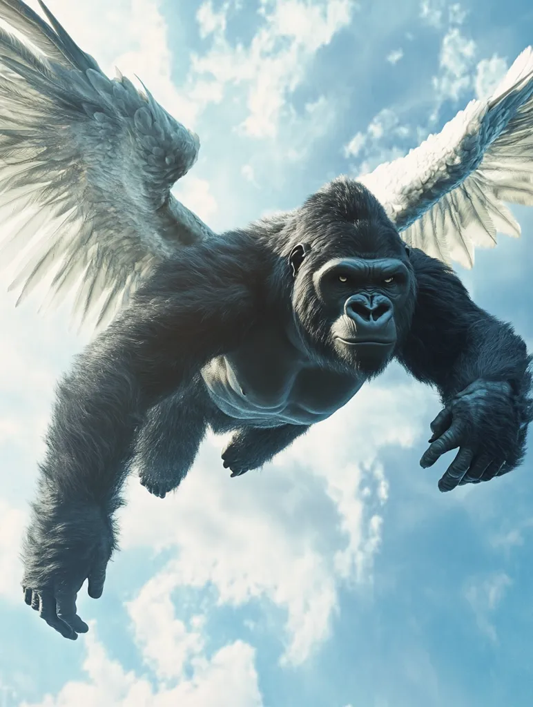 A powerful, black gorilla with white feathery wings flies against a blue sky with white clouds. The gorilla's face is intense, gazing directly at the viewer. The wings are spread wide, creating a dramatic and majestic silhouette. The image suggests a mythical creature of power and strength.