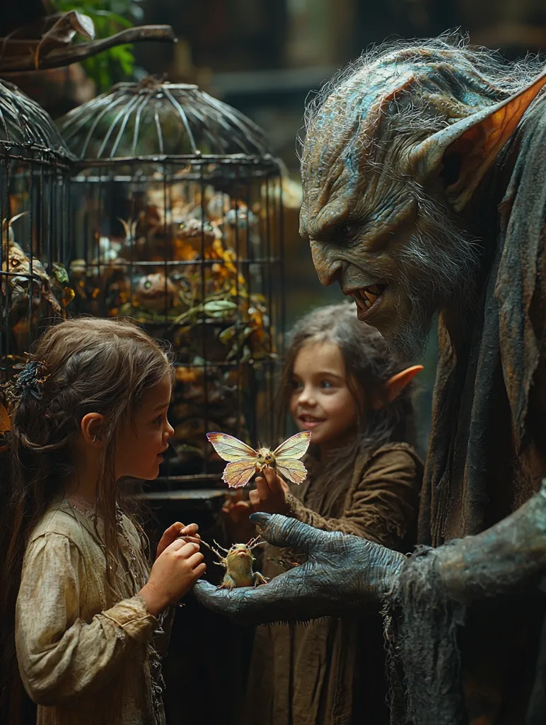A large, grotesque creature with blue skin and pointed ears holds out a small, pale frog to a young girl, who is looking at the creature with a mixture of curiosity and fear. Another young girl, with pointed ears, holds a colorful butterfly in her hand. Both girls are dressed in simple, earthy clothes. The scene is set in a dark, wooded area, with several birdcages visible in the background. The creature's expression is stern, while the girls look both fascinated and cautious. The image suggests a meeting between two different worlds, one of magic and mystery, and one of innocence and wonder.