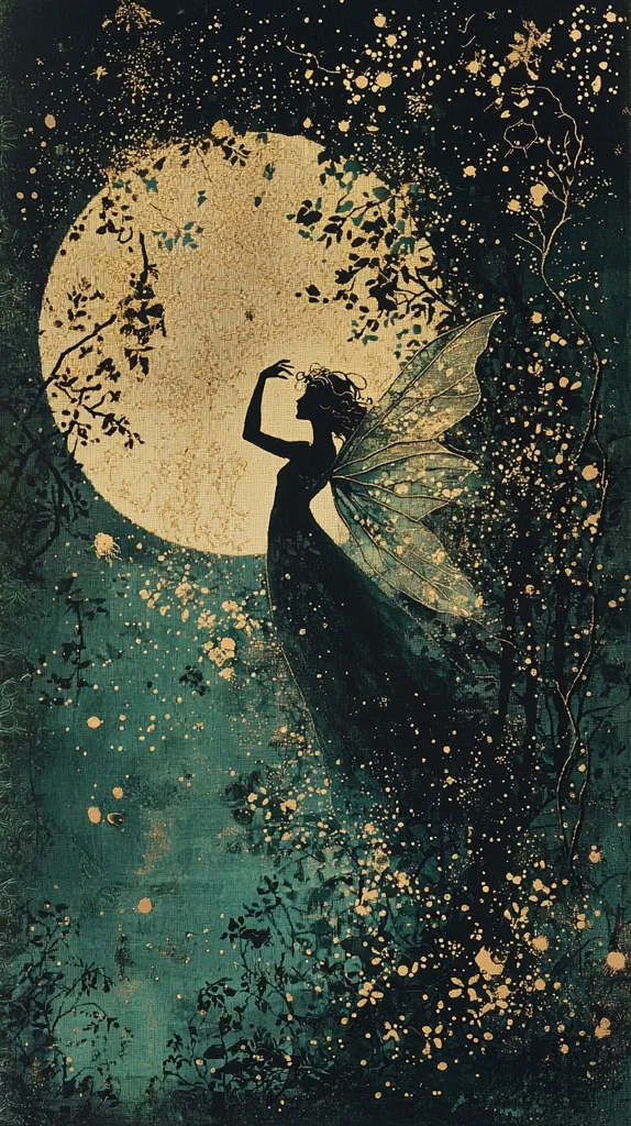 The image depicts a fairy silhouetted against a large, luminous moon. Her wings are outstretched, and her form is ethereal and delicate. The background is a deep, velvety green, with a sprinkling of gold stars and blossoms, creating a magical and mystical atmosphere. The fairy's graceful pose and the enchanting scenery evoke a sense of wonder and enchantment.