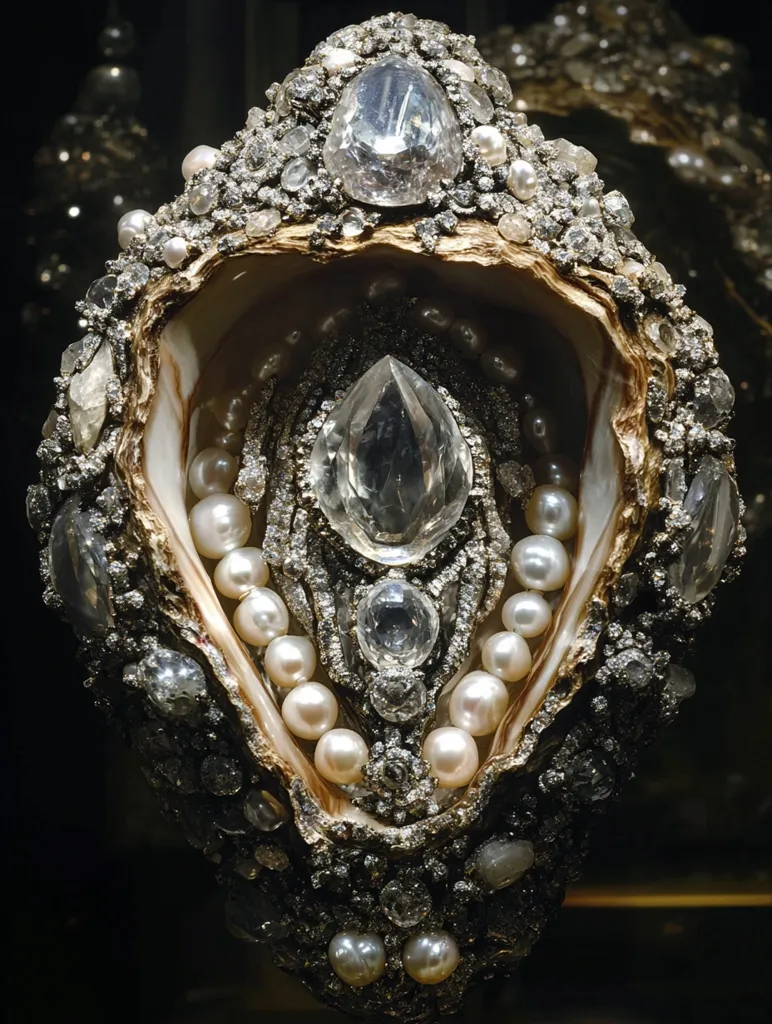 A large, intricate, and ornate oyster shell is encrusted with hundreds of tiny, sparkling crystals and white pearls.  The shell is open, revealing a large, clear gemstone in the center, surrounded by smaller gemstones and pearls. The piece is an impressive example of craftsmanship and artistry.  The delicate details of the shell and the shimmering stones make it look almost alive.
