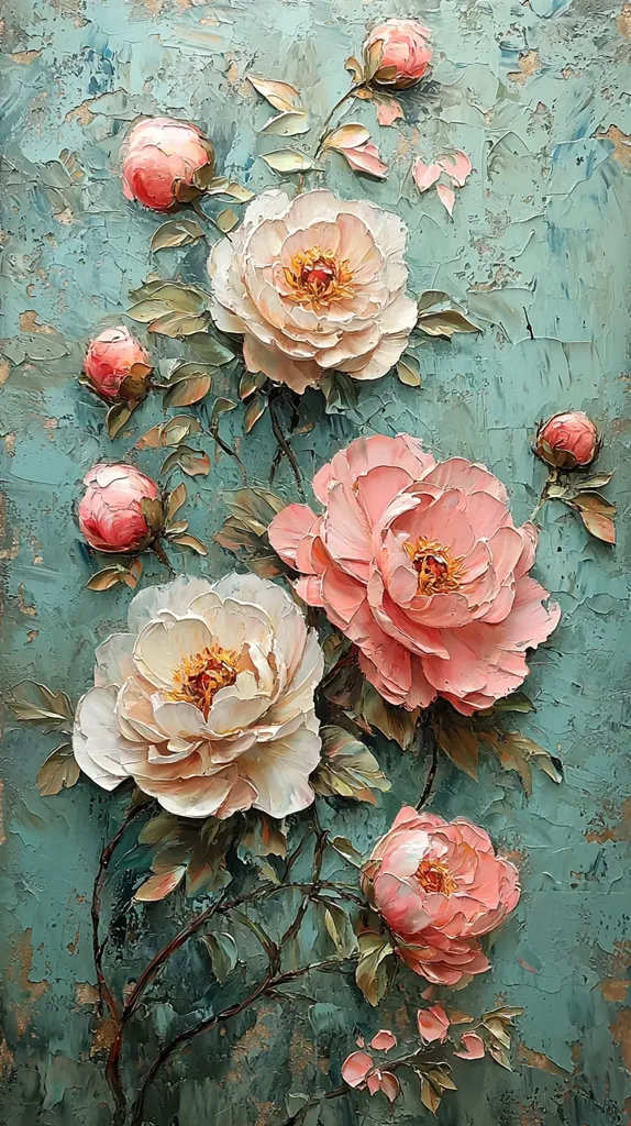 The painting depicts a floral arrangement of delicate pink and white peonies, accented by smaller pink buds, arranged against a textured, teal-green background. The flowers are depicted with thick brushstrokes, adding a tactile and realistic feel. The painting evokes a sense of tranquility and beauty.